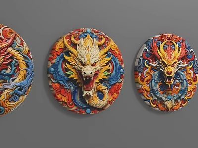 Set of Three Vibrant Chinese Dragon Themed Round Wall Hanging Ornaments 3d model