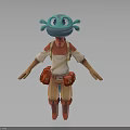 3D Blue Creature Character Wearing Red Backpack White Red Shirt And Brown Pants