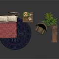 Traditional Bedroom Interior With Wooden Bed Armchair Round Painting Small Table Plant And Dark Rug