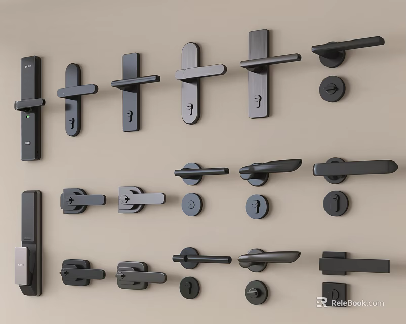 Black Handles Various Styles And Designs Arranged On Light Background 3d model 