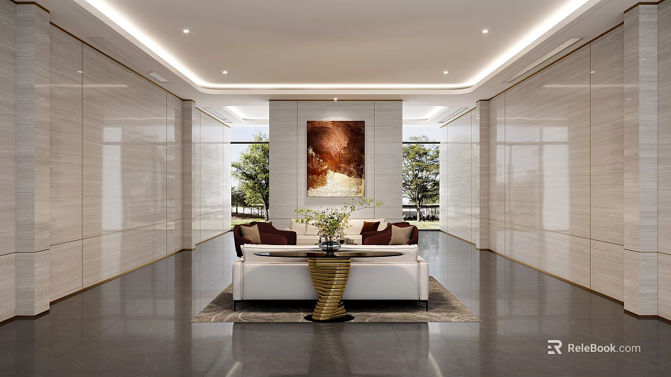 Modern Lobby Interior With Marble Walls Sofa Coffee Table Wall Painting Trees Outside 3d model 