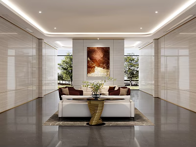Modern Lobby Interior With Marble Walls Sofa Coffee Table Wall Painting Trees Outside 3d model
