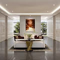 Modern Lobby Interior With Marble Walls Sofa Coffee Table Wall Painting Trees Outside