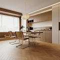 Elegant Open Living Dining Area With Beige Sofa Wooden Flooring Geometric Rug And Pendant Lights