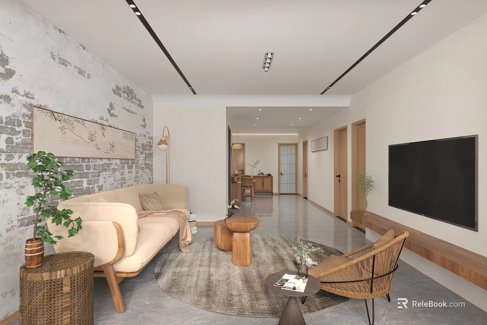 Modern Living Dining Room Interior With Open Concept Sofa TV And Decorative Plants 3d model 