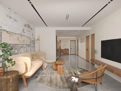 Modern Living Dining Room Interior With Open Concept Sofa TV And Decorative Plants 3d model