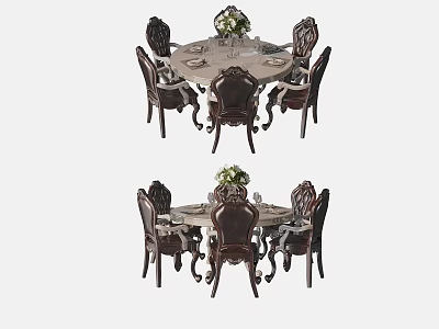 Classic Carved Wooden Dining Table Set With Six Chairs And Floral Centerpiece 3d model