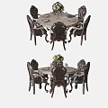 Classic Carved Wooden Dining Table Set With Six Chairs And Floral Centerpiece