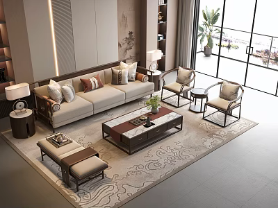 Modern Sofa and Coffee Table Set with Beige Cushions Armchairs and Decorative Rug 3d model
