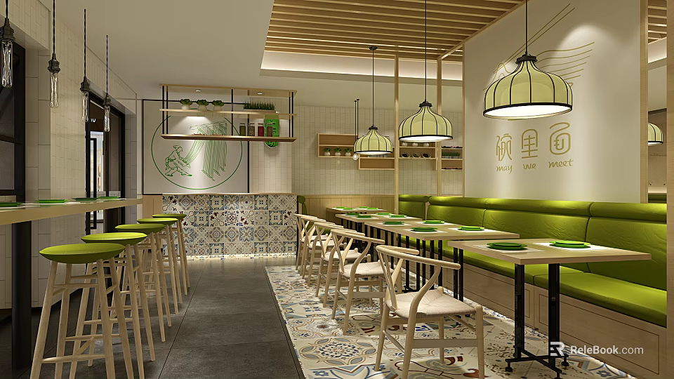 Modern Restaurant Interior Design With Wooden Ceiling Hanging Lamps And Green Seats 3d model 