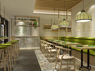 Modern Restaurant Interior Design With Wooden Ceiling Hanging Lamps And Green Seats 3d model