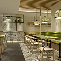 Modern Restaurant Interior Design With Wooden Ceiling Hanging Lamps And Green Seats