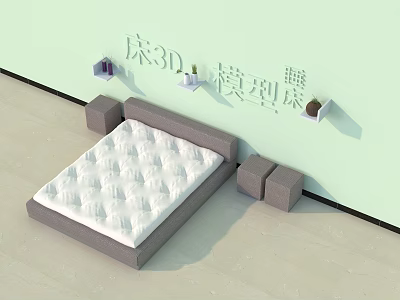 Double Bed Interior Design With Quilted Mattress And Bedside Tables On Wall 3d model