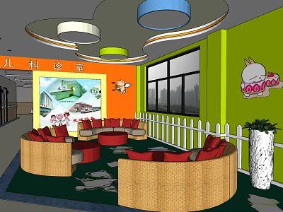 Pediatric Clinic Interior Design With Green Walls Circular Sofas Red Cushions And Cartoon Rabbit Decorations 3d model