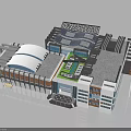 Modern Building Structure With Curved White Roof Green Courtyard And Glass Facade