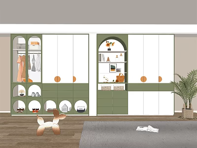 Modern Green White Wardrobe With Open Shelves Circular Display Areas Clothes Shoes And Decorations 3d model