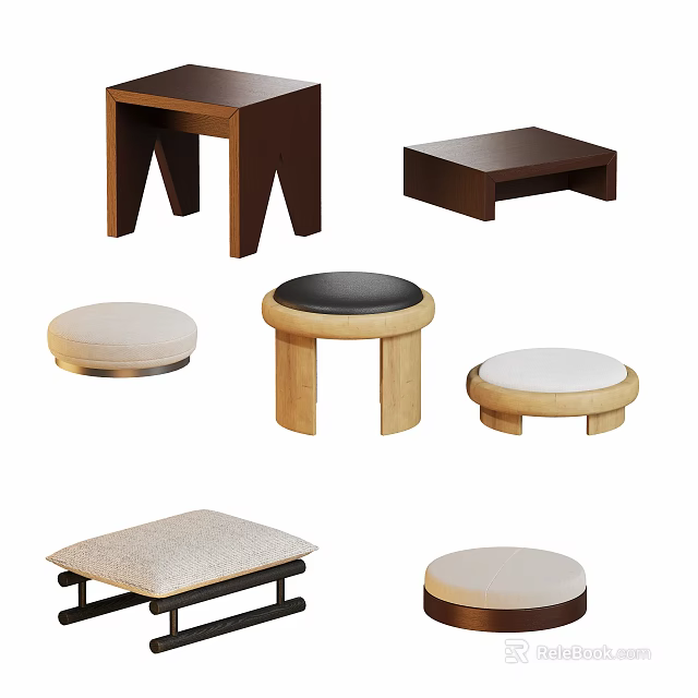 Modern Stools With Wooden Bases Upholstered Seats In Round Square Shapes And Various Designs 3d model 
