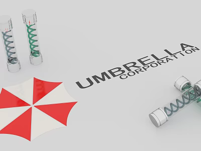 Umbrella Corporation Medical Vials With Spiral Substances And Red White Logo 3d model