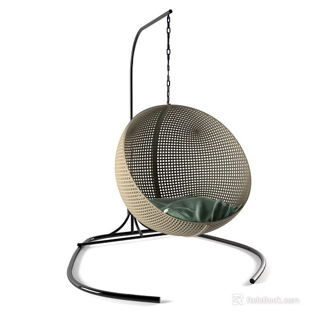 Modern Woven Rattan Hanging Chair With Metal Stand And Green Cushion 3d model 