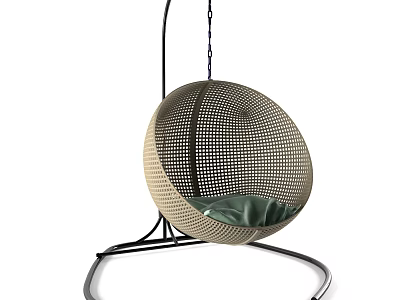 Modern Woven Rattan Hanging Chair With Metal Stand And Green Cushion 3d model