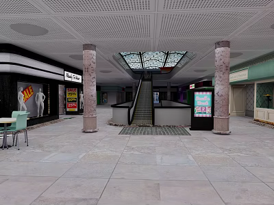 Modern Shopping Mall Interior With Marble Columns Glass Ceiling Escalator And Tables Chairs 3d model