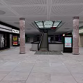 Modern Shopping Mall Interior With Marble Columns Glass Ceiling Escalator And Tables Chairs