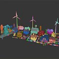 Colorful Cartoon Scene With Playful Houses Wind Turbines Oil Rig And Small Structures