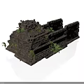 Modern Scene of Ancient Stone Wall Ruin Structure With Green Plants Growing