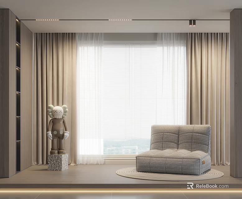 Comfortable Lazy Sofa In Modern Living Room With Curtains Window Decorative Figurine And Round Rug 3d model 