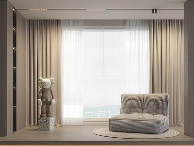 Comfortable Lazy Sofa In Modern Living Room With Curtains Window Decorative Figurine And Round Rug 3d model