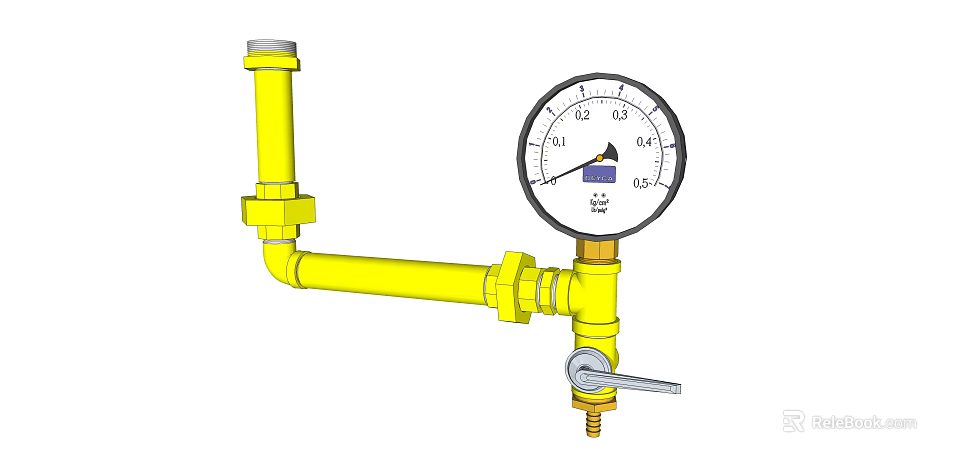 Heavy Duty Yellow Industrial Piping System With Pressure Gauge And Manual Valve 3d model 