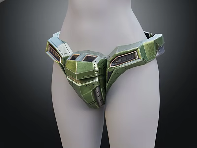 Green Mechanical Style Waist Armor With Detailed Plates Displayed On Mannequin 3d model