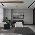 Modern Office Interior With Striped Walls Large Windows Desk Two Chairs And Grey Bookshelves