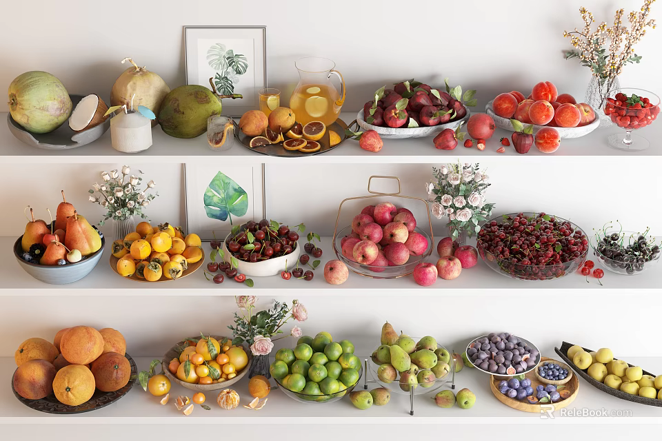 Vibrant Assorted Fresh Fruits Display On Tiered Shelves With Vases And Frames 3d model 