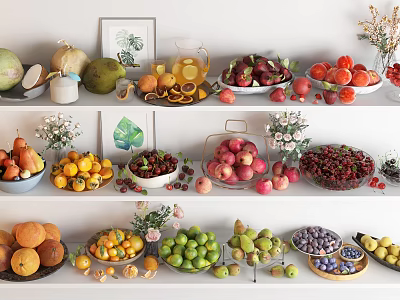 Vibrant Assorted Fresh Fruits Display On Tiered Shelves With Vases And Frames 3d model