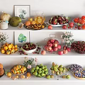 Vibrant Assorted Fresh Fruits Display On Tiered Shelves With Vases And Frames