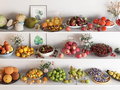 Vibrant Assorted Fresh Fruits Display On Tiered Shelves With Vases And Frames 3d model