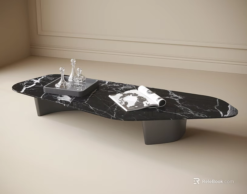 Modern Black Marble Coffee Table with Irregular Shape Silver Decorative Items and World Map Magazine 3d model