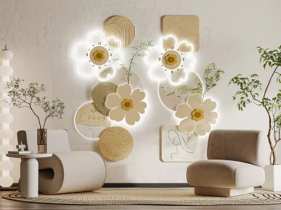 Modern Interior Decor With Lighted Flower Wall Art And Beige Armchairs With Green Plants 3d model