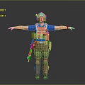 3D Tactical Character With Helmet Blue Shirt Brown Vest Green Pants Knee Pads And Rifle