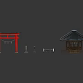 Ancient Architectural Models Featuring Red Torii Gate Wooden Pavilion Tiled Roof And Stone Lanterns