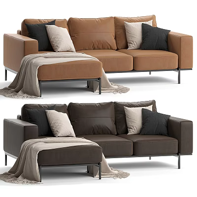 The multi-person sofa with brown leather and accent pillows. 3d model