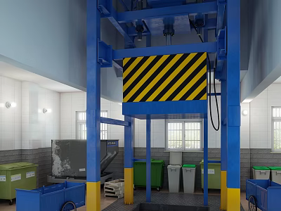 Blue Waste Compression Equipment with Green and Blue Trash Bins Yellow and Black Warning Stripes 3d model