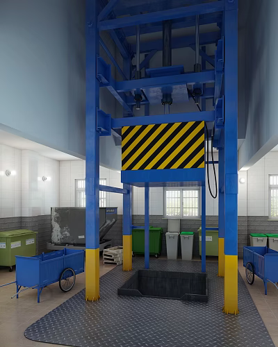 Blue Waste Compression Equipment with Green and Blue Trash Bins Yellow and Black Warning Stripes 3d model