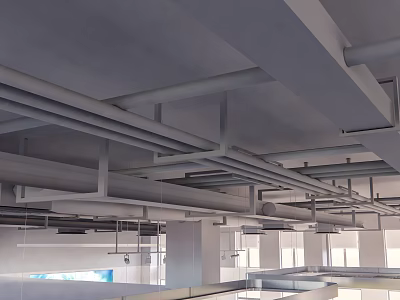 Exposed Ceiling Pipes System in Modern Industrial Building Interior with Metal Supports 3d model