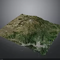 3D Terrain Model with Mountain Ranges Green Vegetation and Volcanic Peak Details