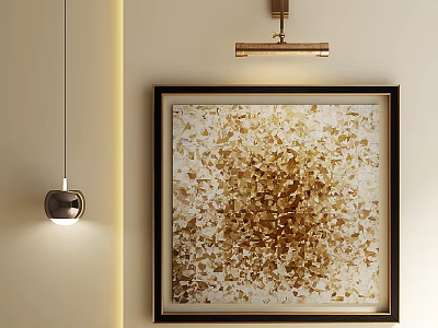 Modern Abstract Painting With Gold White Texture In Black Frame On Beige Wall 3d model