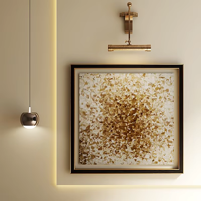 Modern Abstract Painting With Gold White Texture In Black Frame On Beige Wall 3d model