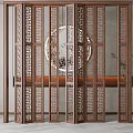 Traditional Wooden Folding Partition With Carved Lattice And Circular Decor In Interior With Green Plant