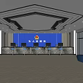 Public Service Hall Serving The People With Modern Design Blue Backdrop Emblem And Marble Countertop